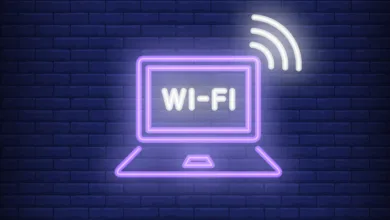 Laptop computer and wi-fi neon text. Wifi, communication, technology concept. Advertisement design. Night bright neon sign, colorful billboard, light banner. Vector illustration in neon style.