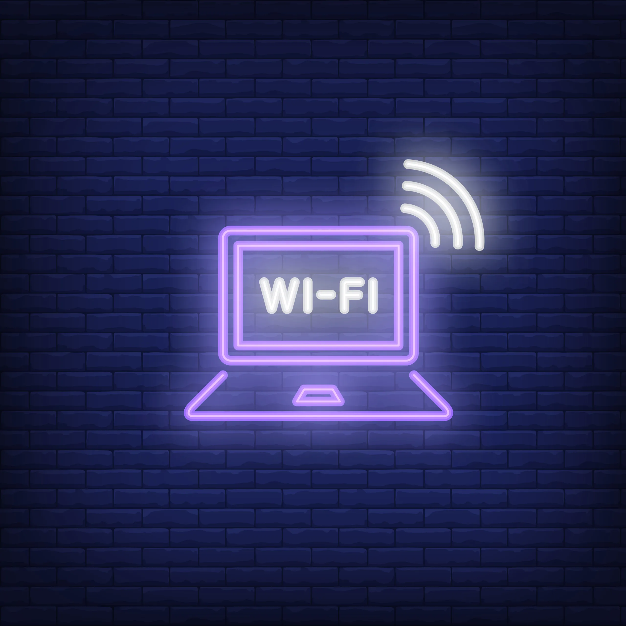 Laptop computer and wi-fi neon text. Wifi, communication, technology concept. Advertisement design. Night bright neon sign, colorful billboard, light banner. Vector illustration in neon style.